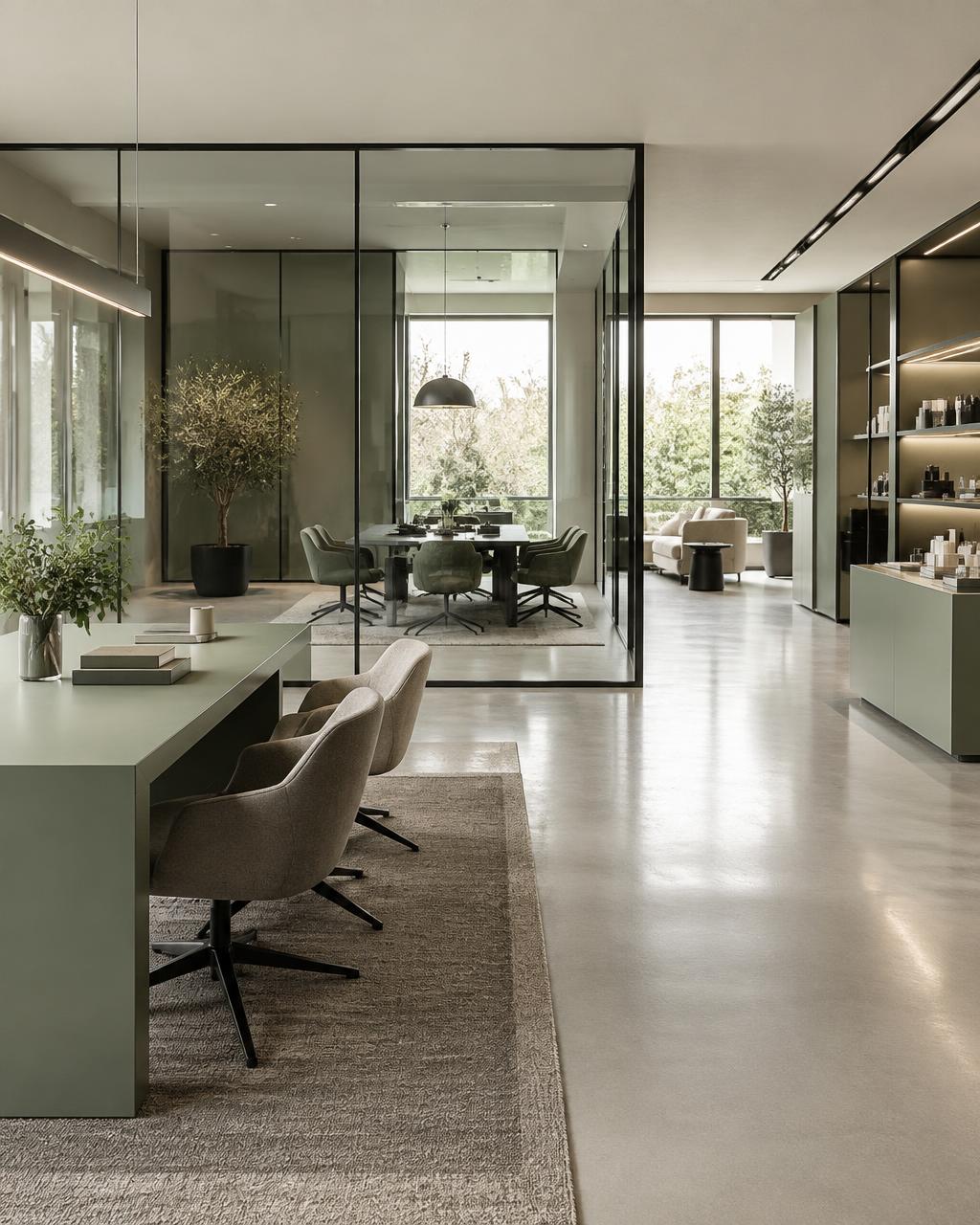 Bright open-plan office and retail interior with spotless floors